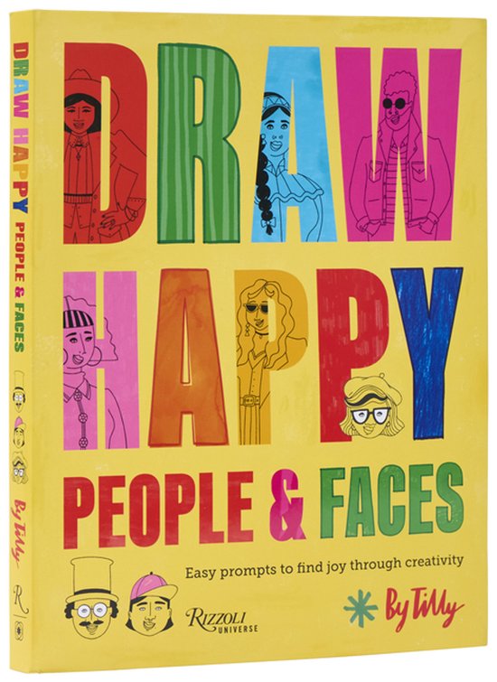 Boek 'DRAW HAPPY PEOPLE & FACES' met kleurrijke letters en tekeningen van mensen en gezichten. Makkelijke prompts om vreugde te vinden door creativiteit.