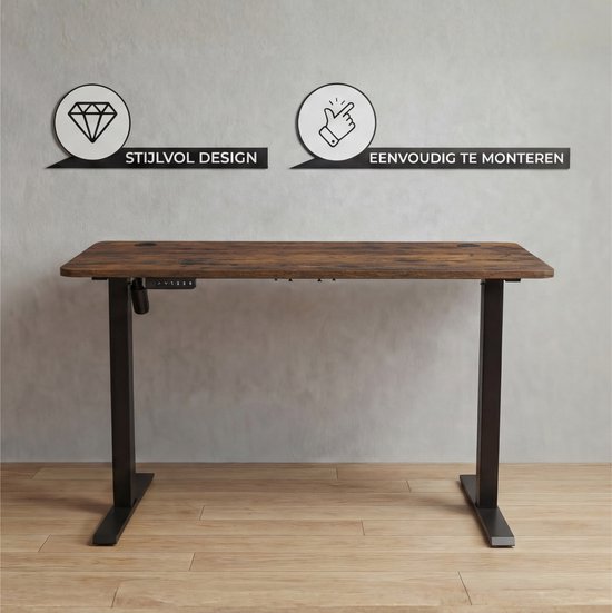 Bruin zit sta bureau met zwarte poten, stijlvol design en eenvoudig te monteren.
