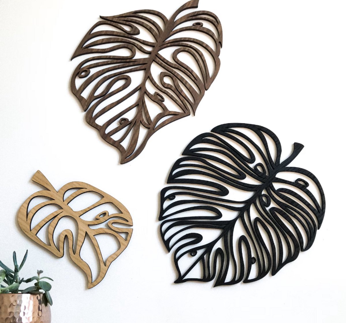 Monstera Leaves - Set van 3 - Houten muurkunst - Huis - Keuken/ wanddecoratie/ wanddecoratie voor huis