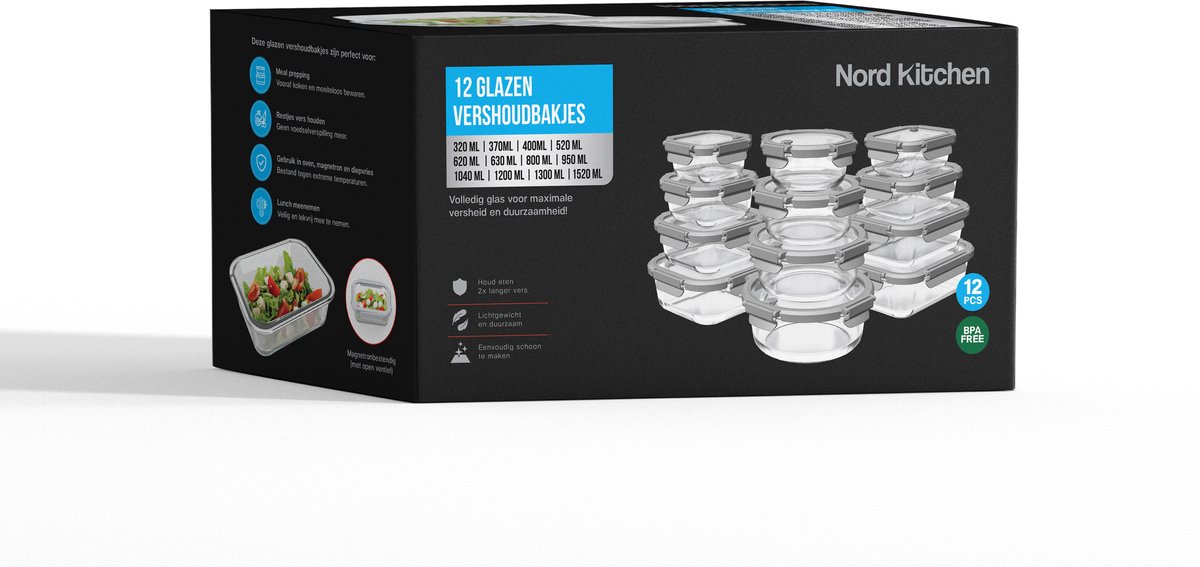 Nord Kitchen Vershoudbakjes Set van 11 - met Glazen Stoom Deksel - Meal Prep Bakjes - Diepvriesbakjes Volledig Glas - Luchtdicht - 11 Stuks - 320ML t/m 1520ML — cadeau in Cadeau-ideeën - foto 2