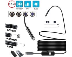Endoscoop - geschikt voor USB-C en Lightning Smartphones - Inspectiecamera - Inspectiegereedschap - 8mm kop - flexibele HD - 3,5M kabel - waterproof - 8 LED Verlichting