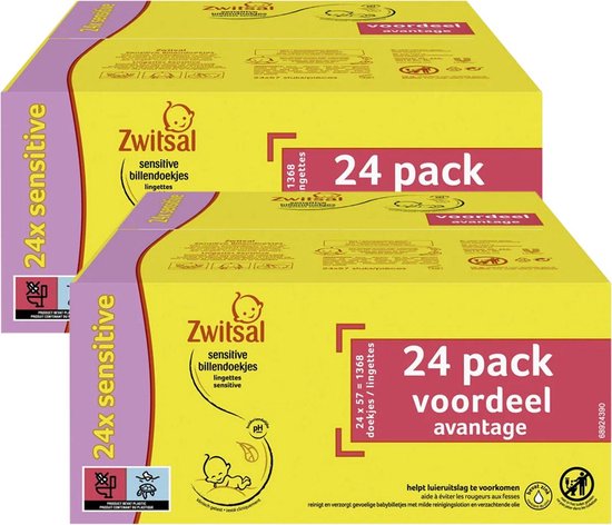 Een voordeelbox met 24 pakken Zwitsal sensitive babydoekjes, 1368 doekjes totaal.