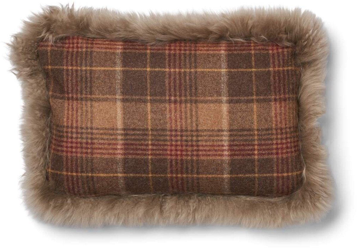 Sheepskin House Wollen Kussen - Dubbelzijdig - LW rand - 34x52 cm Cocoa-Dark Brown/Taupe