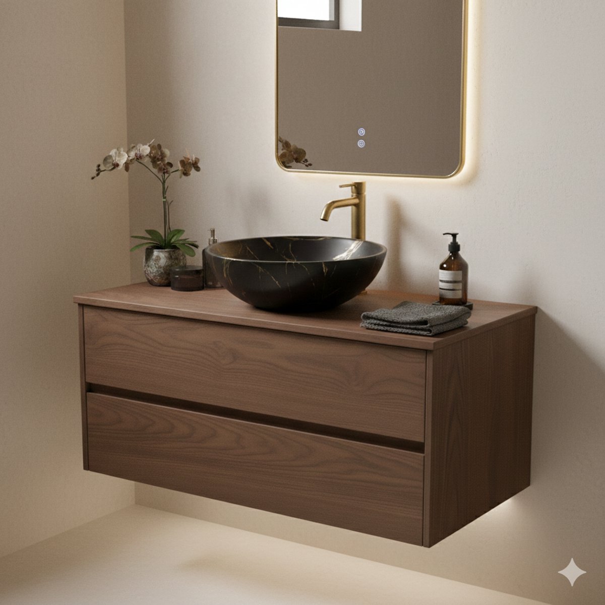 KAYvit Nero black marmerlook opbouw waskom | Zwart/goud 380X380x130mm