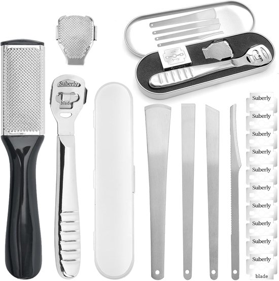 6 stuks eeltverwijderaar, professionele voetschraper, eeltschaaf roestvrij staal, eeltrasp voet, voetschraper scheermesje, voetverzorging, met 10 reservemesjes voor voetverzorging, pedicure