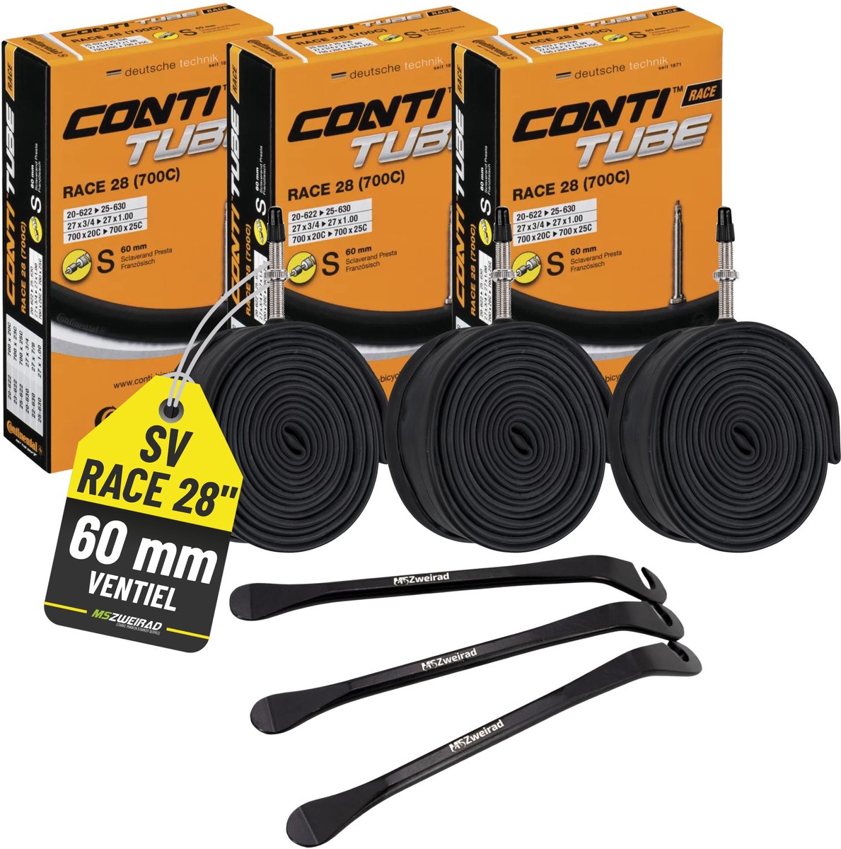 3x Continental Race 28" binnenband SV Frans ventiel 60 mm ETRTO maat 18/25-622/630 fietsbinnenbanden + 3x MSZweirad bandenlichters