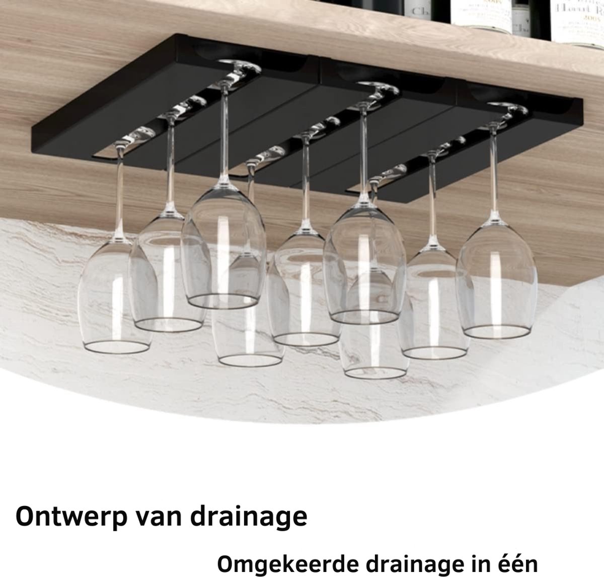 Aura® Ophangrek Wijnglazen - Wijnglazenhouder – Metalen Wijnglazenrek - Zwart - 26cm x 11cm x 2cm