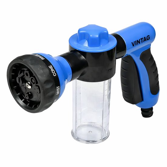 Blauwe en zwarte schuimsproeier met draaikop, zeepreservoir en Vintag logo.