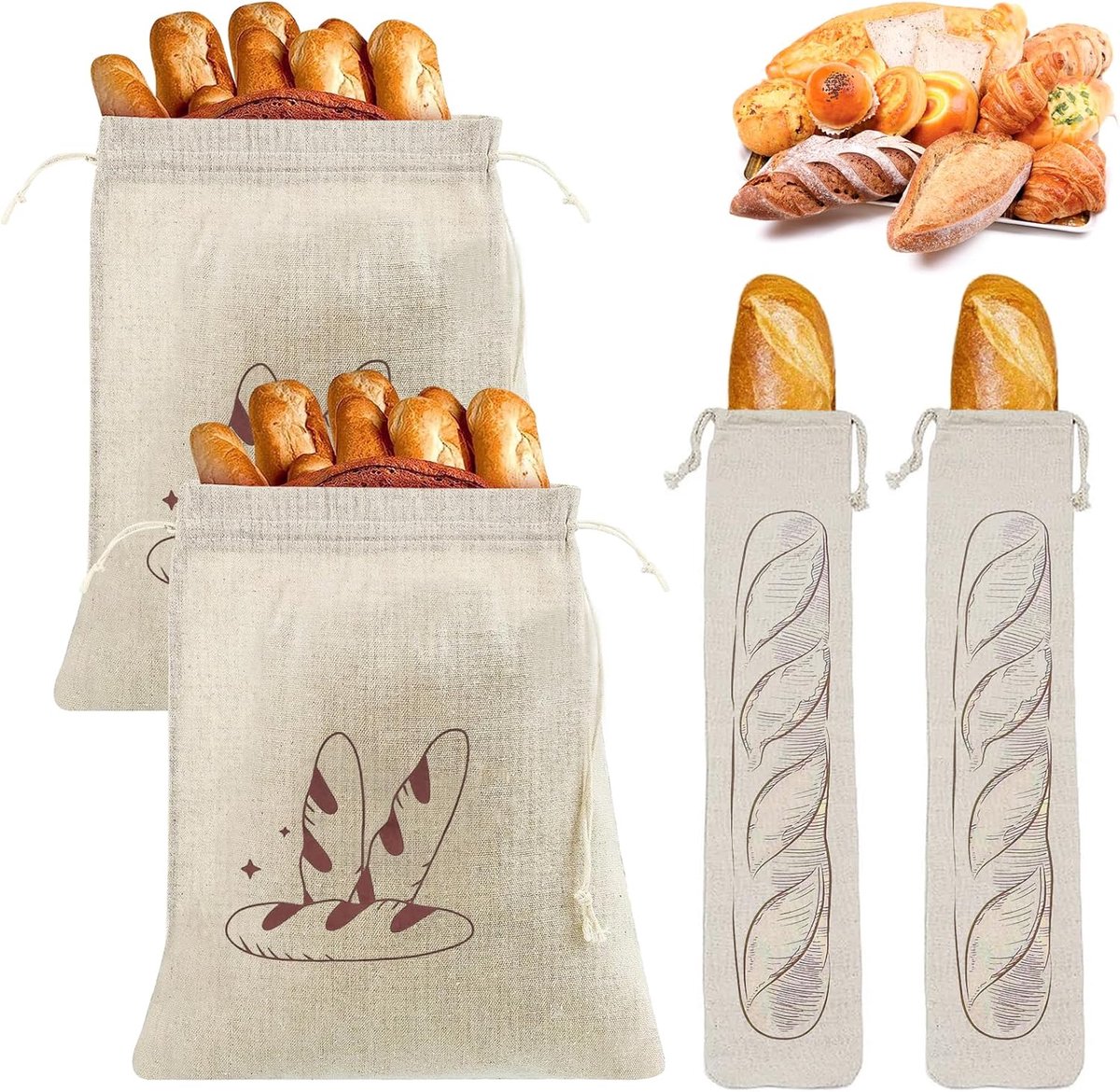 Broodzak en Stokbroodzak - Broodzakken Met Trekkoord - 4 Stuks - Boterhamzak - Herbruikbaar - Diepvrieszak - Zero Waste - Duurzaam - Brood bewaren & Diepvries - 31x48 cm/16x64 cm