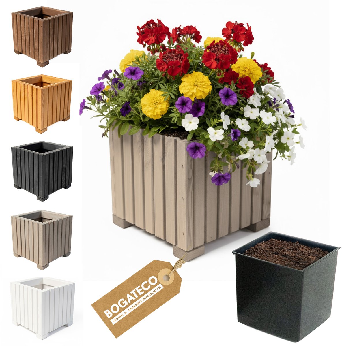 Houten bloembak | Plantenbak | Bloempot 25 x 25 x 25 cm | Kruidenpot | Bloempot met kunststof inzetstuk | Waterdicht | Grijs