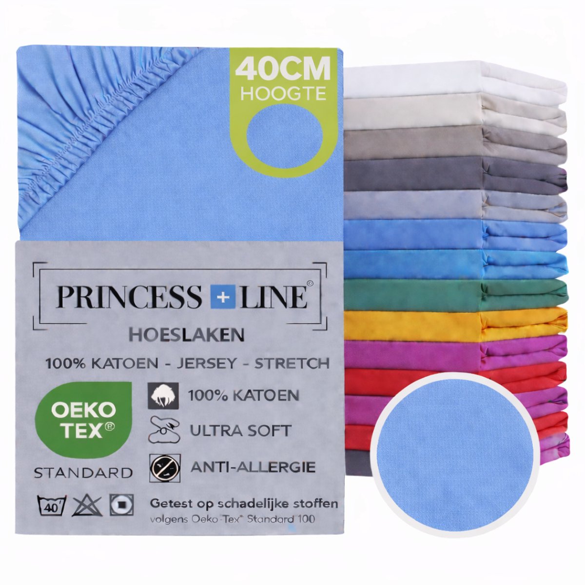 Princess Line- Comfortabel Ultra-Soft-Hoeslaken -100% katoen-Jersey -Stretch -Strijkvrij- Rondom elastiek-Hoekhoogte tot 40cm-Voor Boxspring-Waterbed-2Persoons-Lits-Jumeaux-200x200+40cm-Licht Blauw