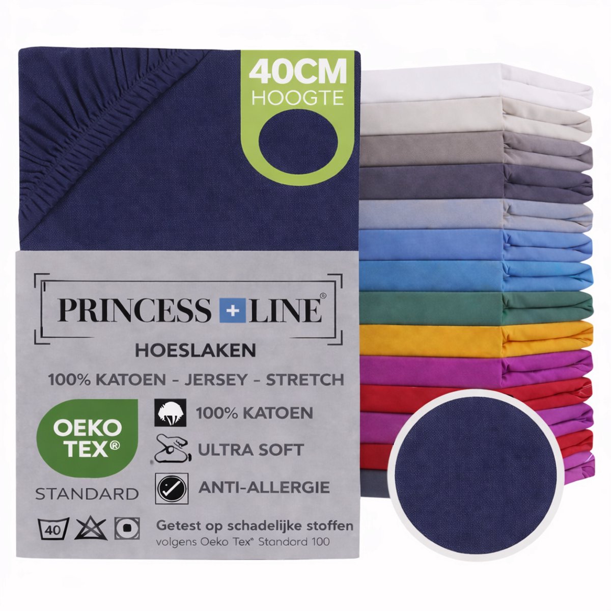 Princess Line- Comfortabel Ultra-Soft-Hoeslaken -100% katoen-Jersey -Stretch -Strijkvrij- Rondom elastiek-Hoekhoogte tot 40cm-Voor Boxspring-Waterbed-2Persoons-Lits-Jumeaux-190x200+40cm-Donker Blauw