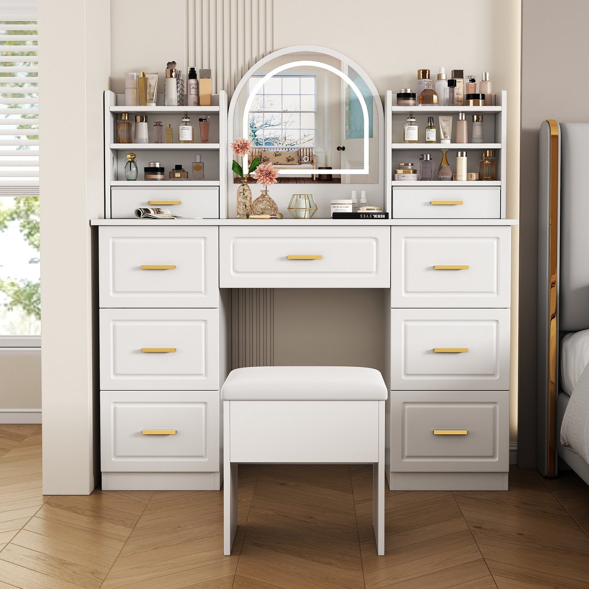 Schminktafel met spiegel, Schminktafels met LED-verlichting, Cosmetiektafel met 9 lades, Toilettafel, wit, voor woonkamer slaapkamer, 120x40x135cm