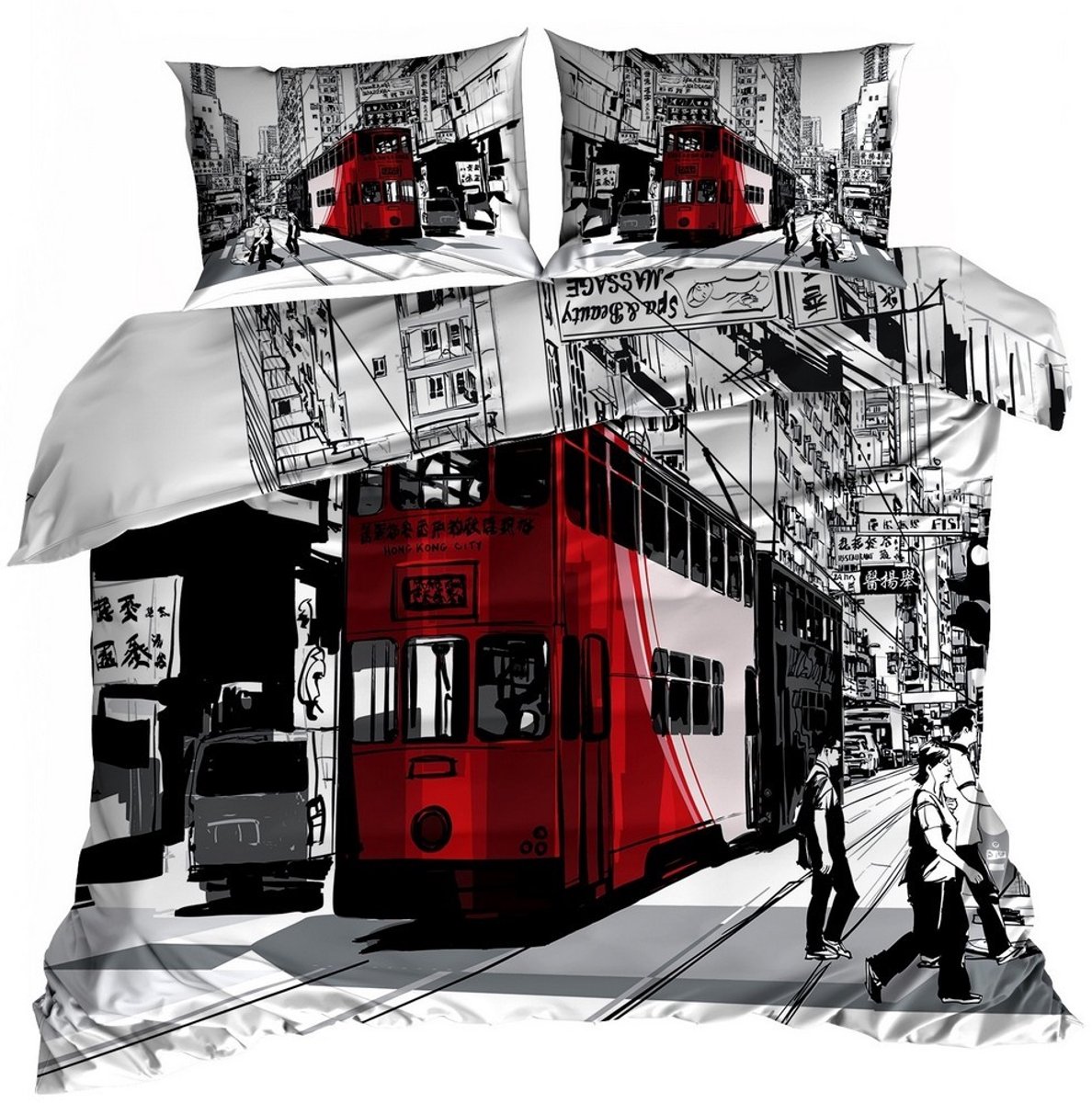 Comfort Premium - 3D Dekbedovertrek - 140x200 cm - Katoen Satijn - Rode Tram City Design