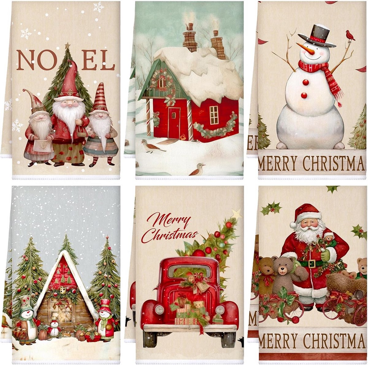 Set van 6 Keukendoeken Kerst Dessins - Absorberende Vaatdoeken Winter Decoratie 60x40 cm