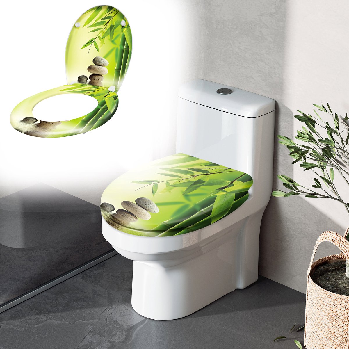 Aufun Toiletbril met Softclose - Groene bamboe - 45 x 38cm - WC-Bril van MDF met Thermohardend Deksel