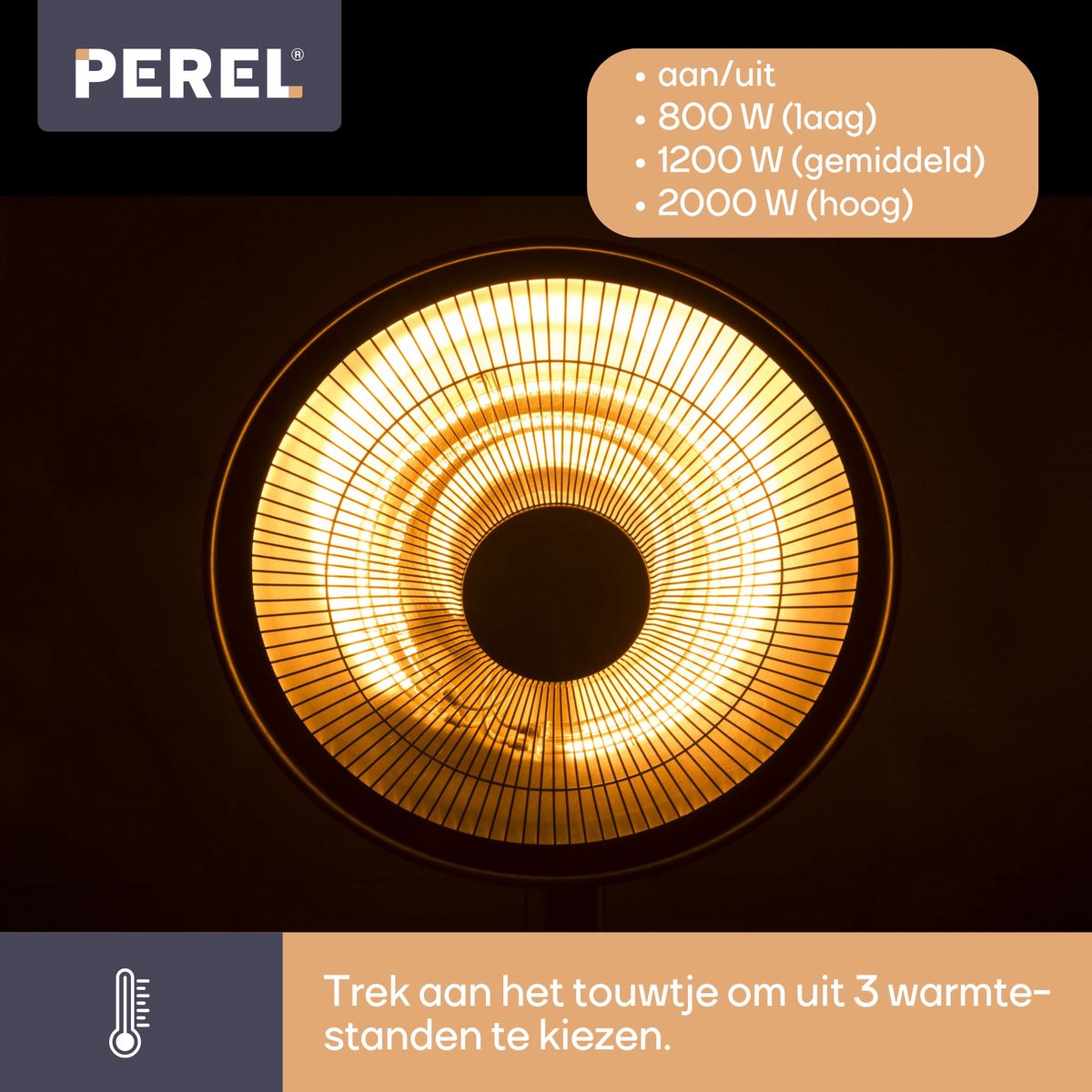 Perel - Staande Terrasverwarmer - Terrasverwarming - Lantaarnpaal - Warmtestraler - Trekschakelaar, Kantelbeveiliging, 3 Warmtestanden - in Hoogte Verstelbaar - Patioverwarming - Veranda Heater - Spatwaterbestendig - Warmtelamp voor Terras - 2000 W – foto 7