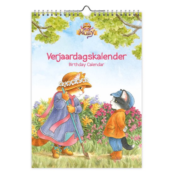 Verjaardagskalender met twee katten in kleding in een tuin vol bloemen.