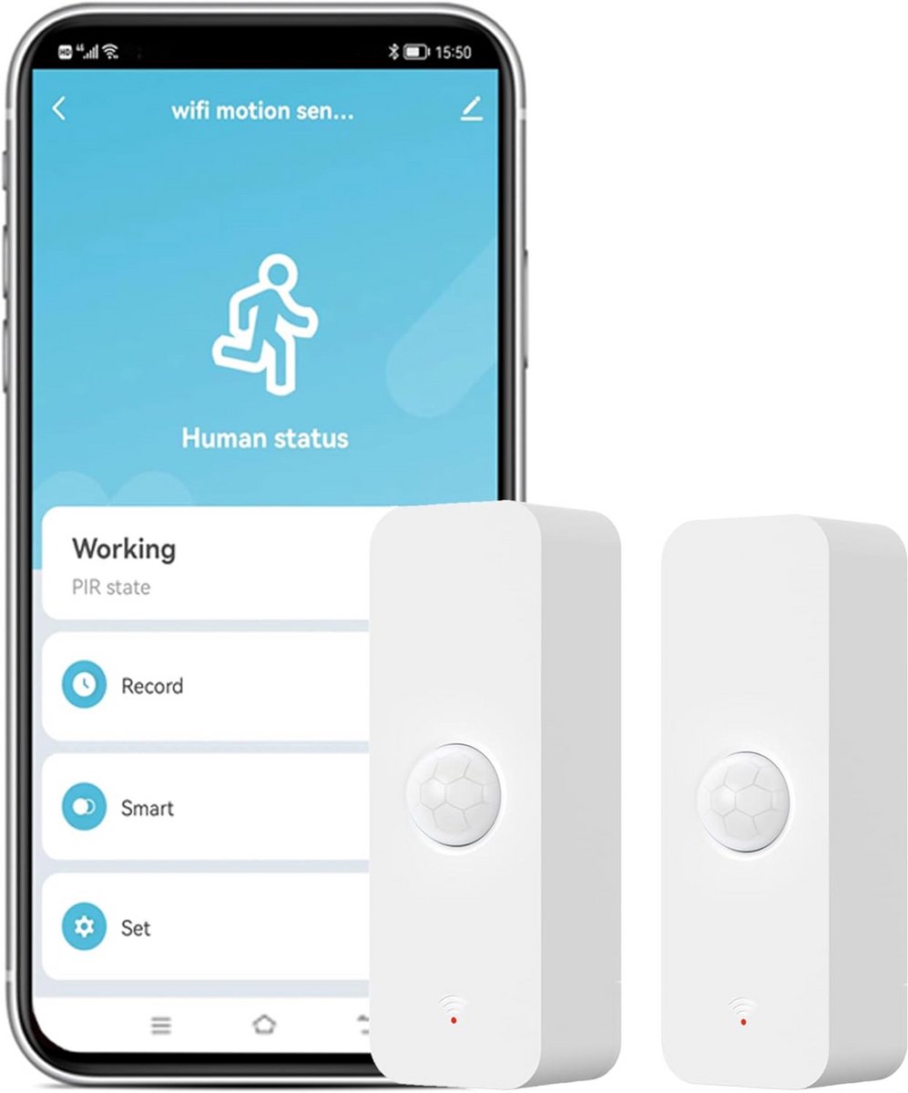 Slimme WiFi Bewegingssensor (2-pack) - Draadloze PIR Melder met App Alarm - Werkt zonder Hub