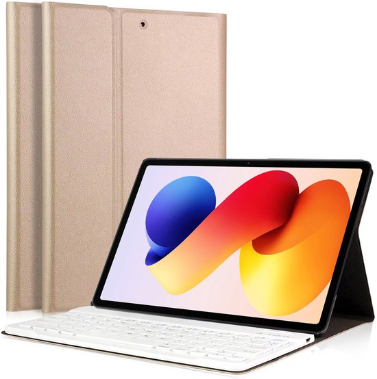 Gouden tablethoes met een tablet die een kleurrijk scherm toont, en een wit toetsenbord op de voorgrond.