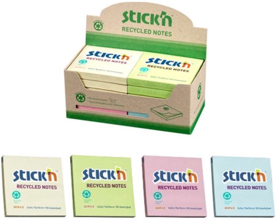Doos met 4 pakken Stick'n gerecyclede memoblaadjes in pastelkleuren: geel, groen, roze en lichtblauw.