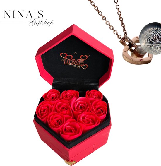 Nina’s Giftshop® Luxe Valentijn Sieradenset – I Love You Ketting in 100 Talen – Rozenbox – Geschenkzak – Cadeau voor Haar