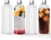 Set van 4 Glazen Drinkflessen 1 Liter met RVS Schroefdop voor Warm en Koud