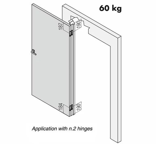 Schematische weergave van een deur met twee scharnieren, geschikt voor 60 kg.