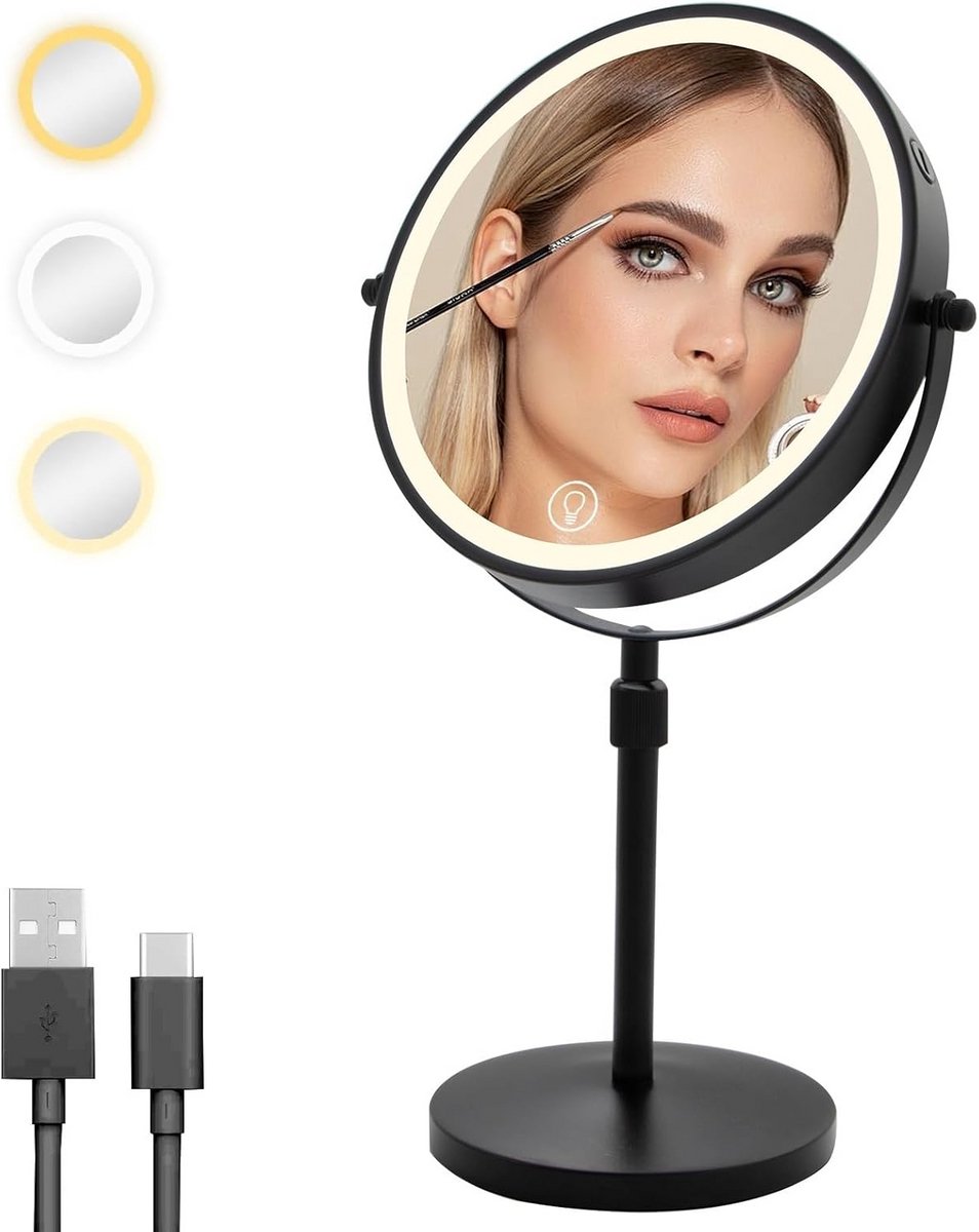 Vergroot Make-up Spiegel met Licht op Standaard - 1x/10x Vergroting & Verstelbaar