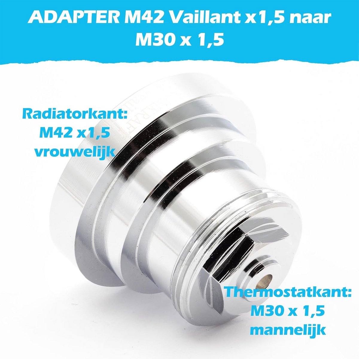 Metalen Adapter M42x1.5 Radiatorventiel naar M30x1.5 voor Thermostaatkop