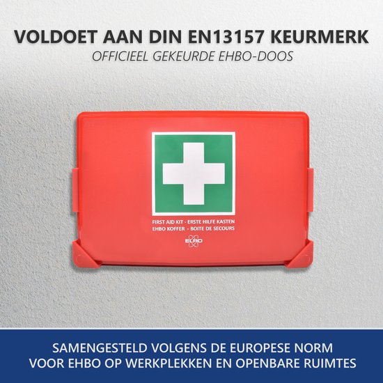 Rode EHBO-koffer met wit kruis, voldoet aan DIN EN13157 keurmerk.