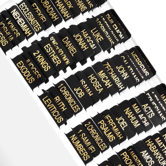 Zwarte zelfklevende bijbel-tabbladen met gouden tekst.