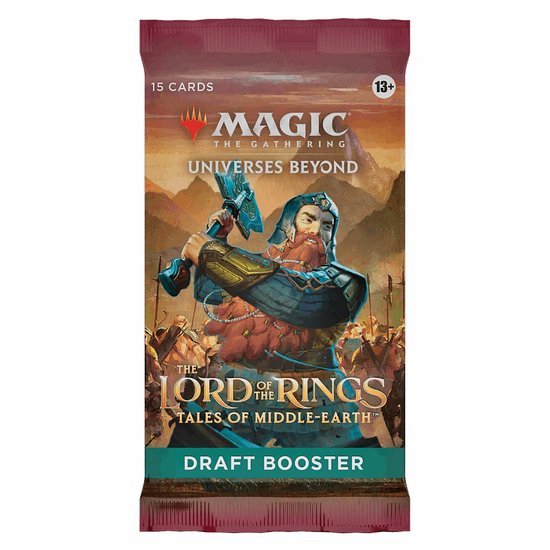 Magic The Gathering: Lord of the Rings Draft Booster pack met 15 kaarten. Een dwerg met baard en bijl staat op de voorgrond, met een leger op de achtergrond.