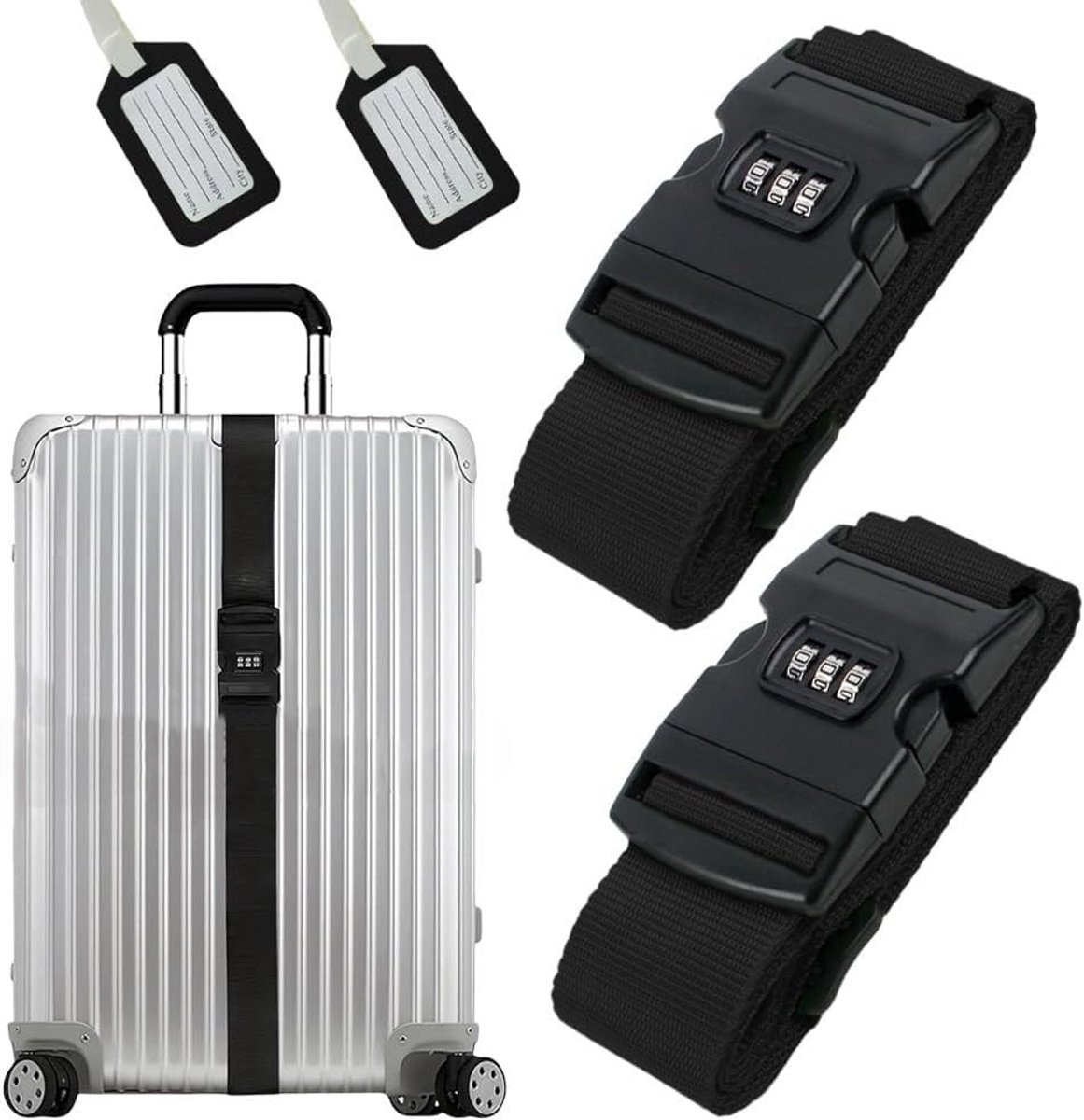Ultiluxe® Bagageriemen met cijferslot - 2 stuks - Kofferriem voor koffers - Met naamkaartjes - Kofferlabels - Bagagelabels - Verstelbare kofferbanden - Voor reizen en vakanties - Ruimbagage - 200 x 5 cm - Zwart