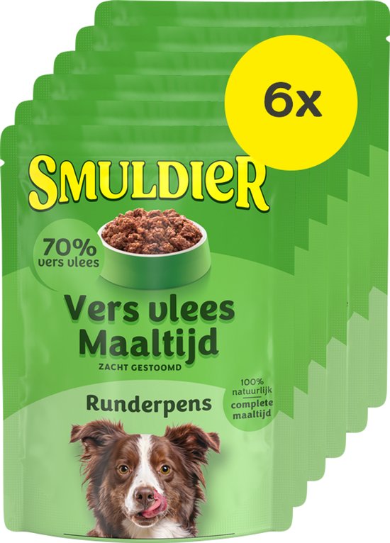 Zes Smuldier verpakkingen op een rij met een hond erop en 'Vers vlees maaltijd Runderpens'.