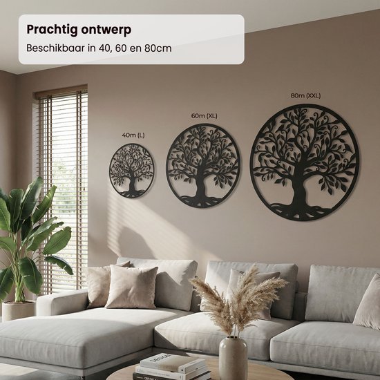 Lifestaal® - Décoration murale industrielle - Arbre de vie - Décoration de salon - Métal - 40x40cm - avec système de suspension - noir