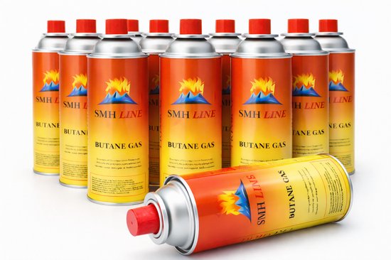 Gouden en rode gasflessen met 'SMH LINE BUTANE GAS' opdruk. Eén fles ligt op de voorgrond.