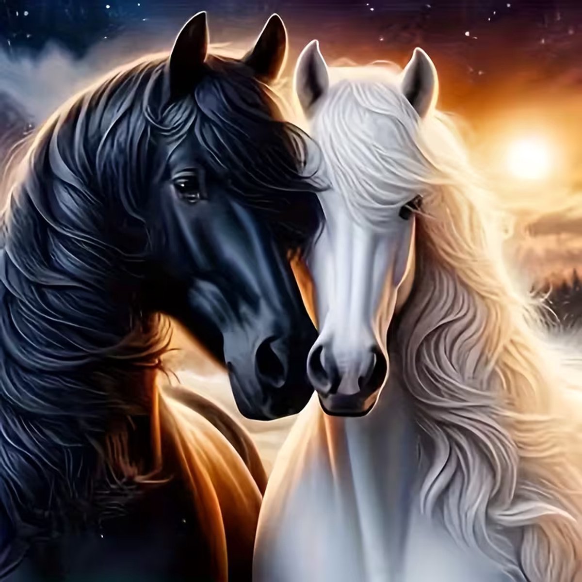 Diamond Painting paarden tweeling zwart en wit mooi schilderij van 20 x 20 cm
