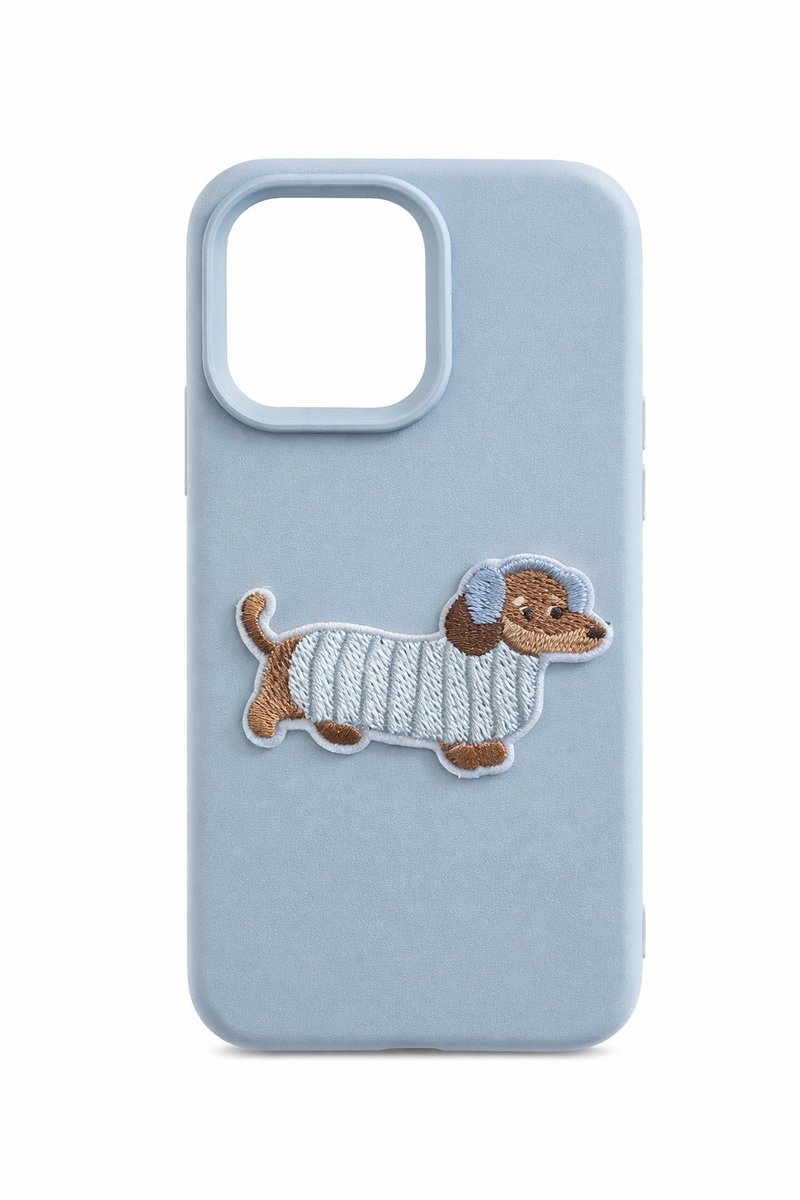 iPhone 17 Pro Max Hoesje – Lichtblauw Silicone met Geborduurde Teckel