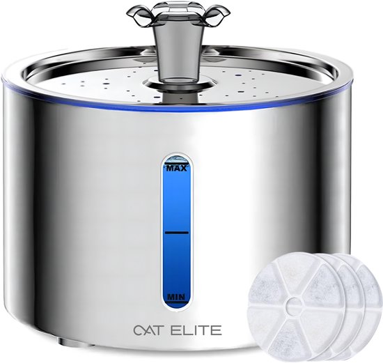 RVS drinkfontein met blauwe LED indicator, 2.5L reservoir en vier filters op de voorgrond.