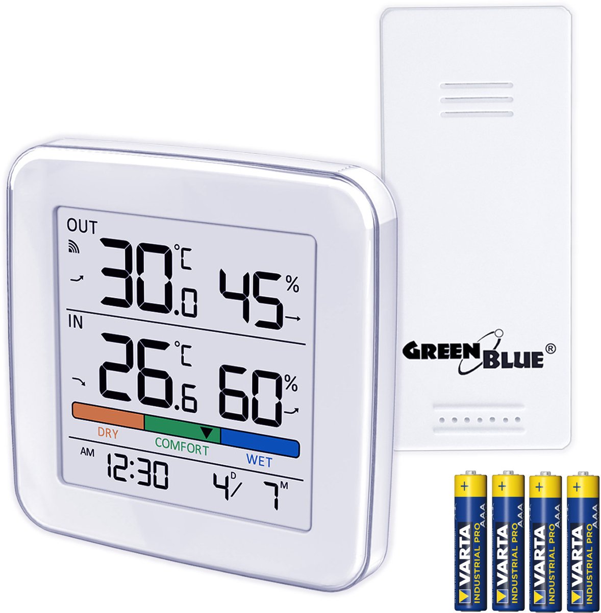 GreenBlue GB169 - Draadloze weerstation met klok + alarm + datum - keuze uit °C / °F - bereik tot 60 m - Wit - Set met batterijen