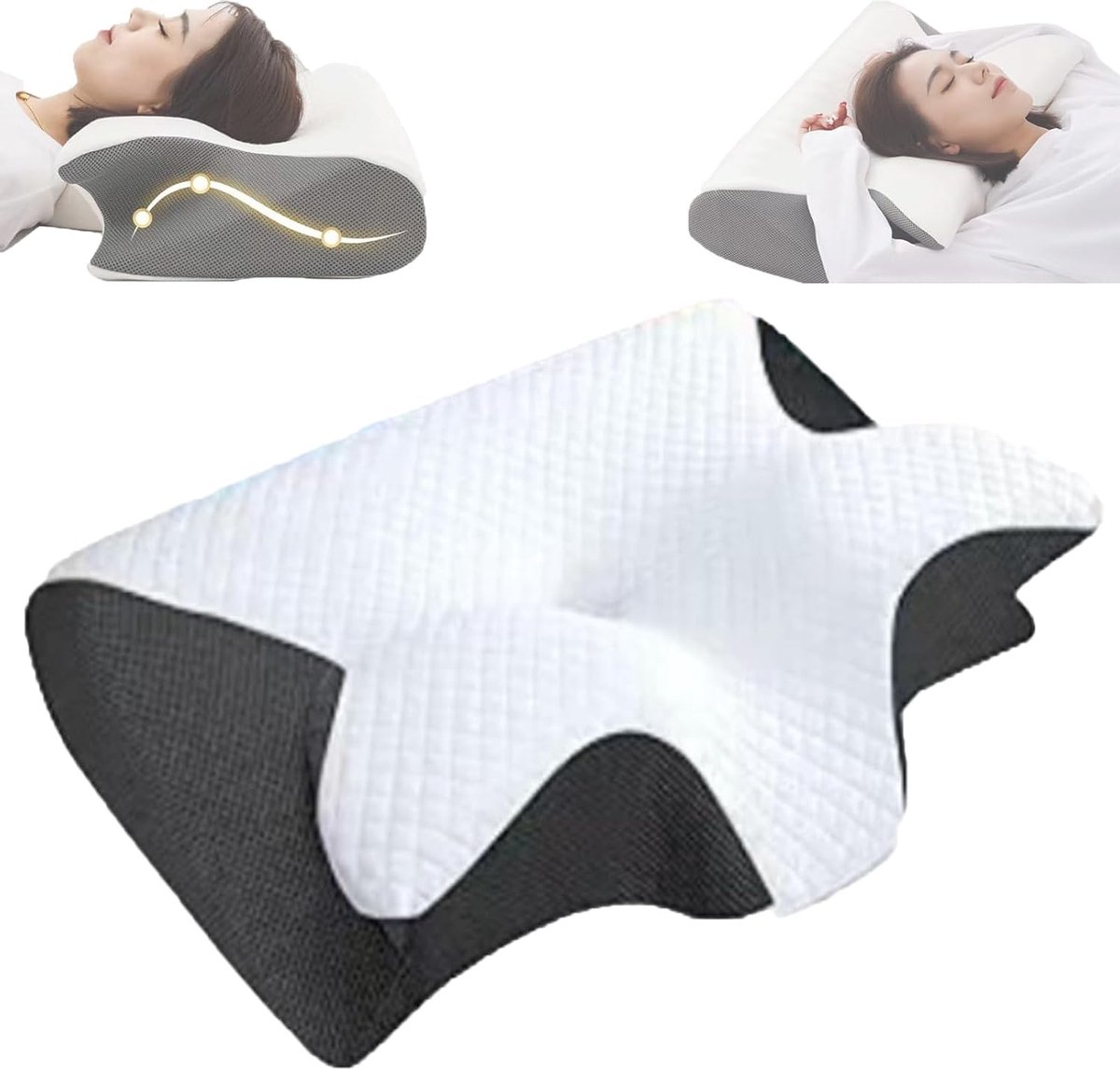 COOAU Hoofdkussen Memory Foam voor Nekklachten - Vlinderkussen - Orthopedisch & Ergonomisch kussen - Geschikt voor Rug, zij- en buikslapers - Traagschuim - Zwart/Wit