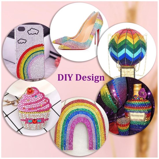 Collage van DIY ontwerpen met strass steentjes: telefoonhoesje, schoenen, tas, taartje, regenboog.