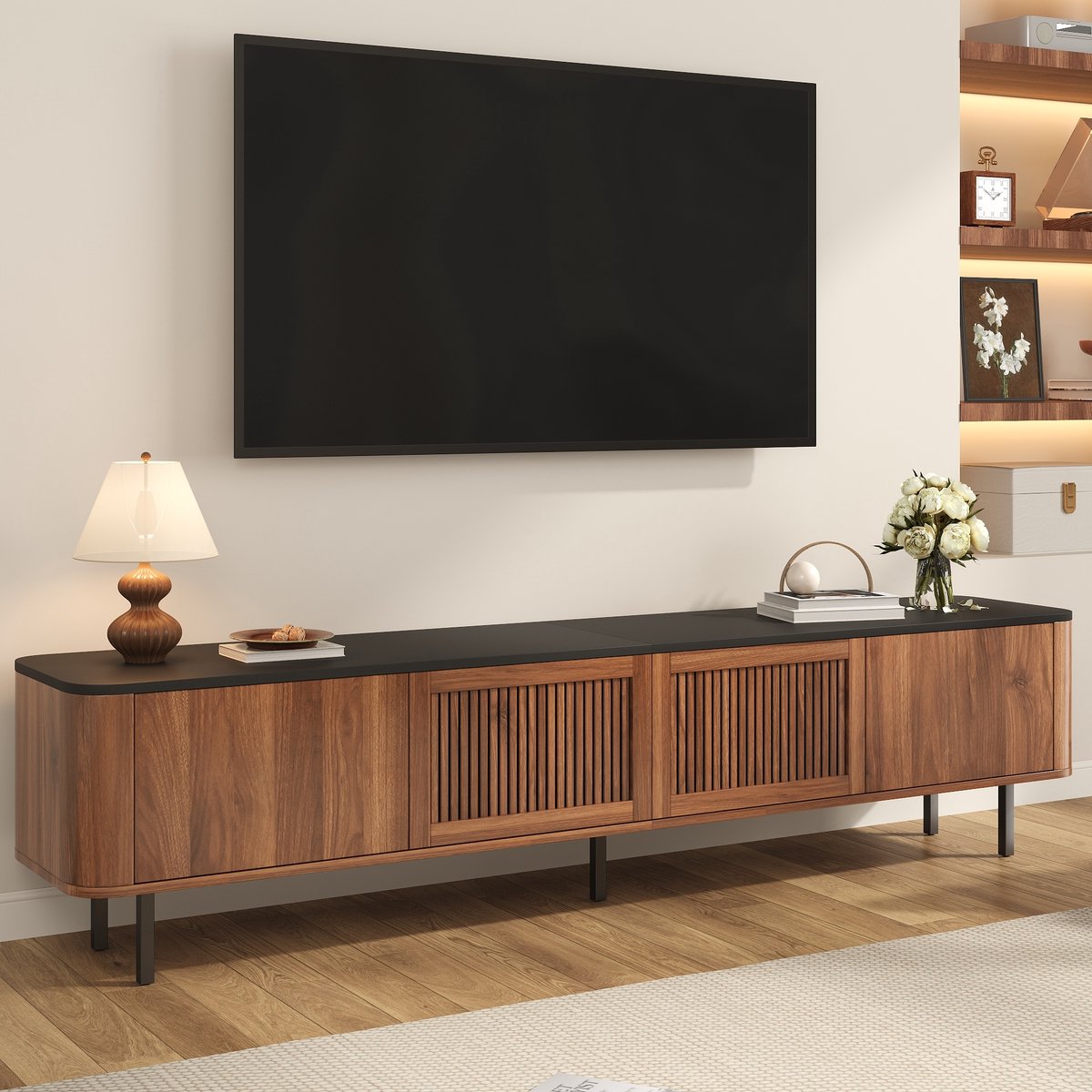 PHOEBE CAT TV-kast - Lage kast - 4 deuren - 190 x 35 x 45 cm - Walnoot + Zwart