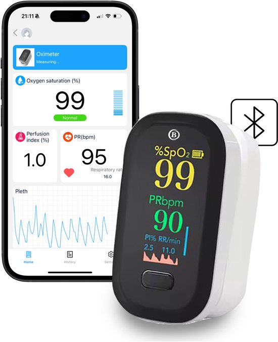 Foto: Bdm care medische saturatiemeter bluetooth saturatiemeter zuurstofmeter vinger zuurstofmeter vinger inclusief hartslagmeter pulse oximeter met pi functie gratis opberghoes incl batterijen met app