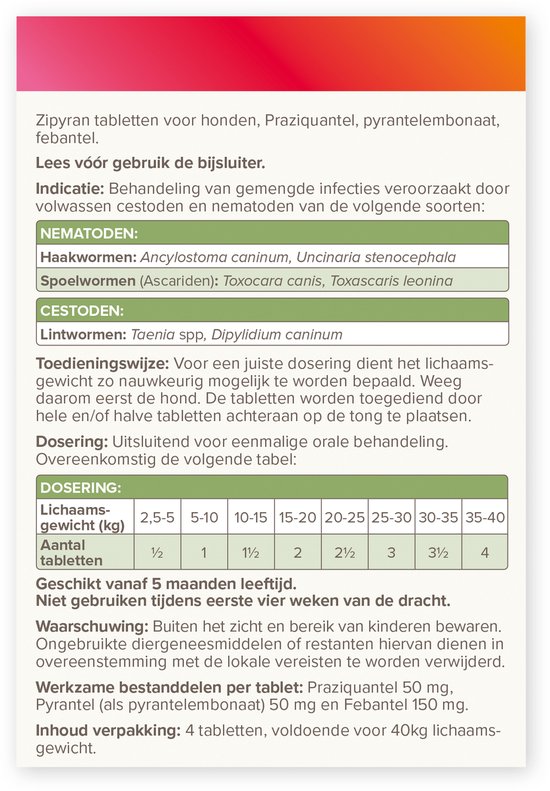 Informatiepagina over Beaphar wormtabletten voor honden: indicatie, doseringstabel en gebruikswijze.