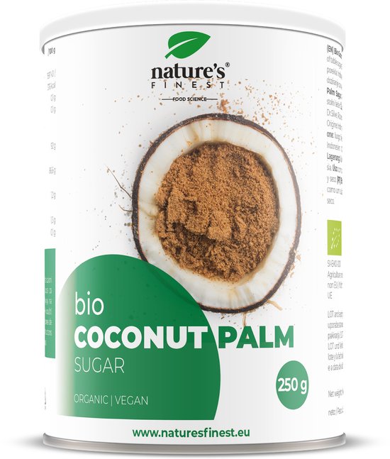 Sucre de palmier de coco bio Nature's Finest. Poudre fine et brune dans une boîte métallique blanche avec une image de demi-noix de coco remplie de sucre.