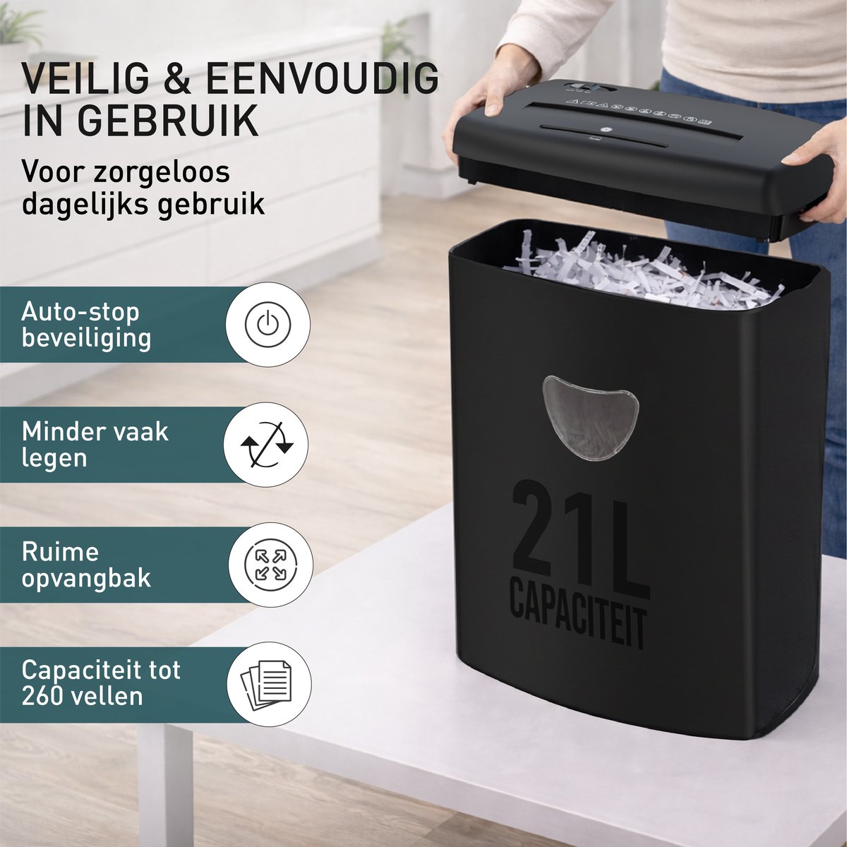 ADSafety Papierversnipperaar P4 Cross Cut - Papiervernietiger Voor Thuis & Kantoor - 21 Liter - 10 Vellen - Vernietigt ook CD's & Pasjes - Zwart thumbnail 5
