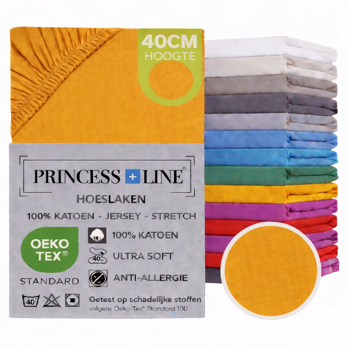 Princess Line- Comfortabel Ultra-Soft-Hoeslaken -100% katoen-Jersey -Stretch -Strijkvrij- Rondom elastiek-Hoekhoogte tot 40cm-Voor Boxspring-Waterbed-2Persoons-Lits-Jumeaux-190x220+40cm-Okergeel