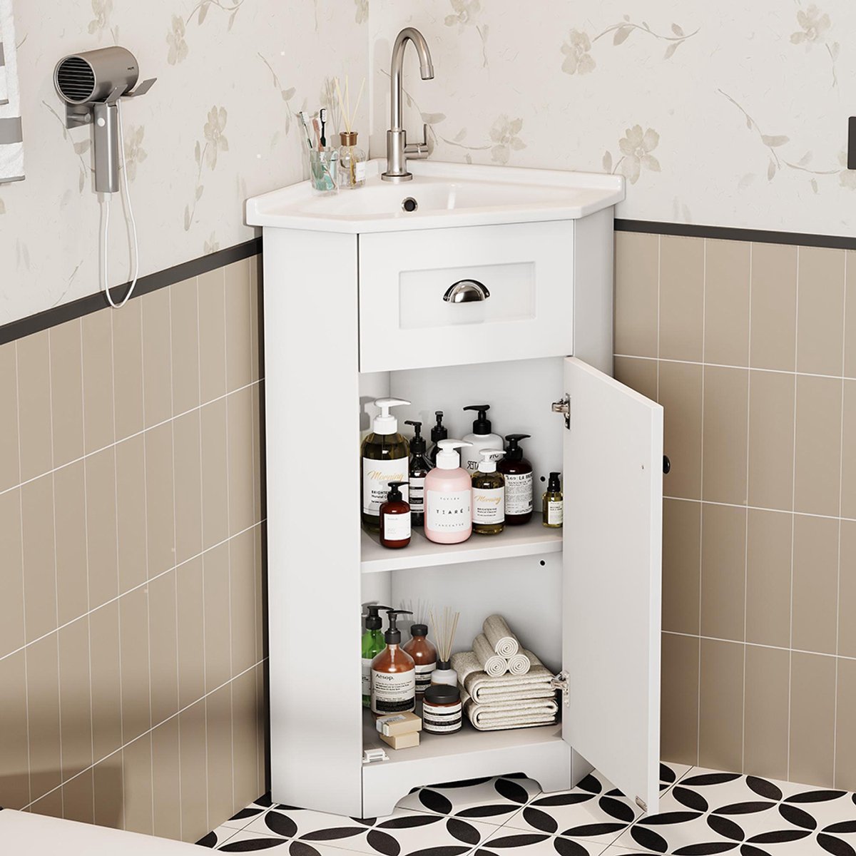 BLACKCOLORS Ruimtebesparend badkamermeubel, staand model met enkele wastafel, waterbestendige MDF-behuizing, keramische wastafel, metalen handgreep, melamine oppervlak zonder lak, opbergmeubel voor de badkamer, wit.
